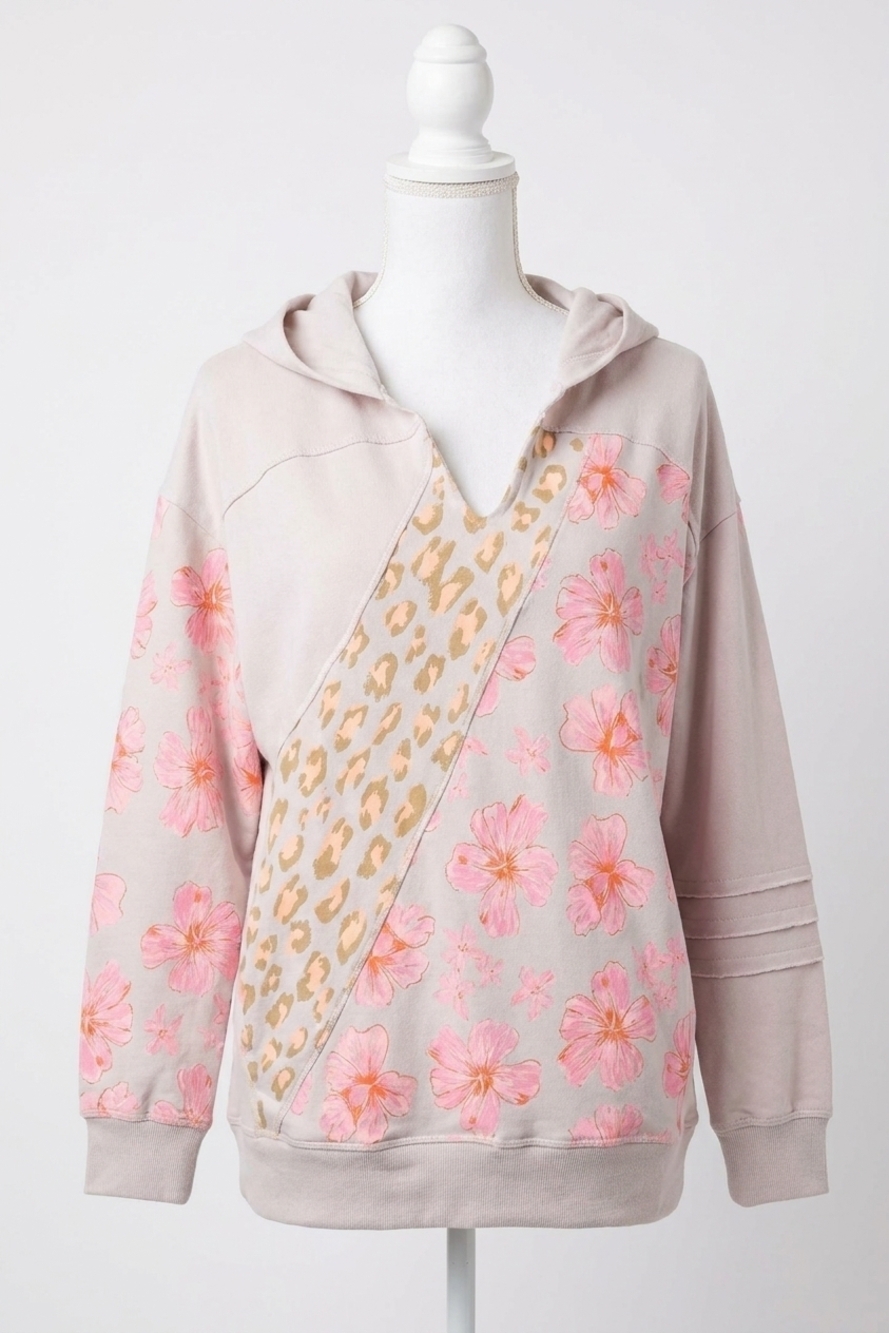 NEW EASEL mix print terry pullover hoodie in eggshell